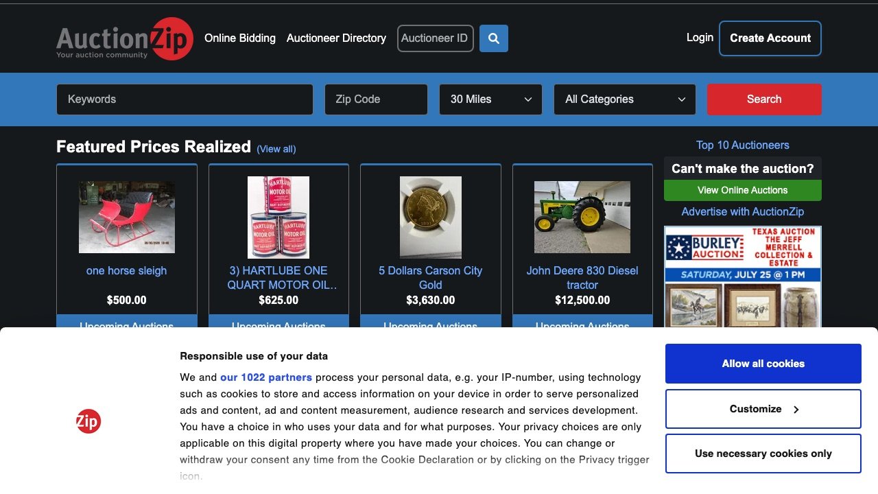 AuctionZip homepage screenshot