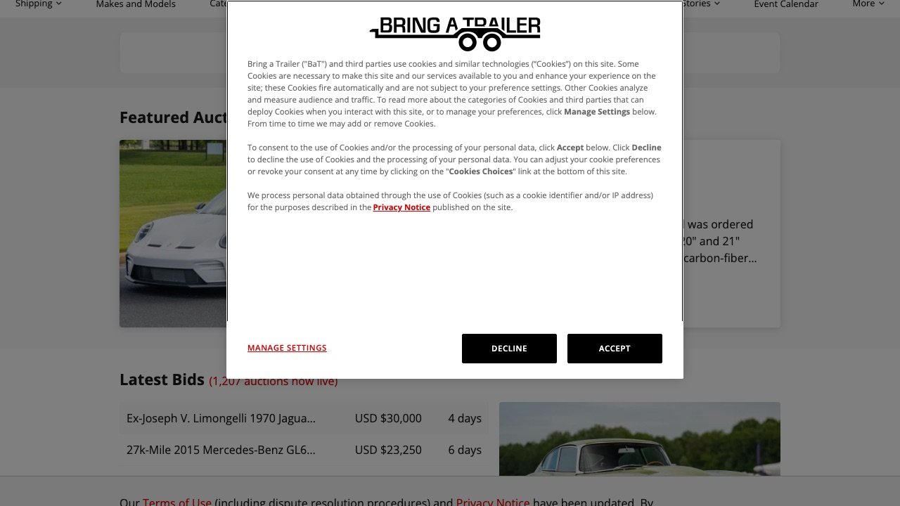 Bring a Trailer homepage screenshot