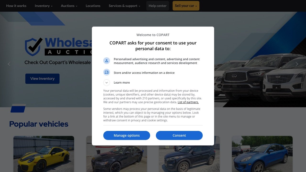 Copart homepage screenshot