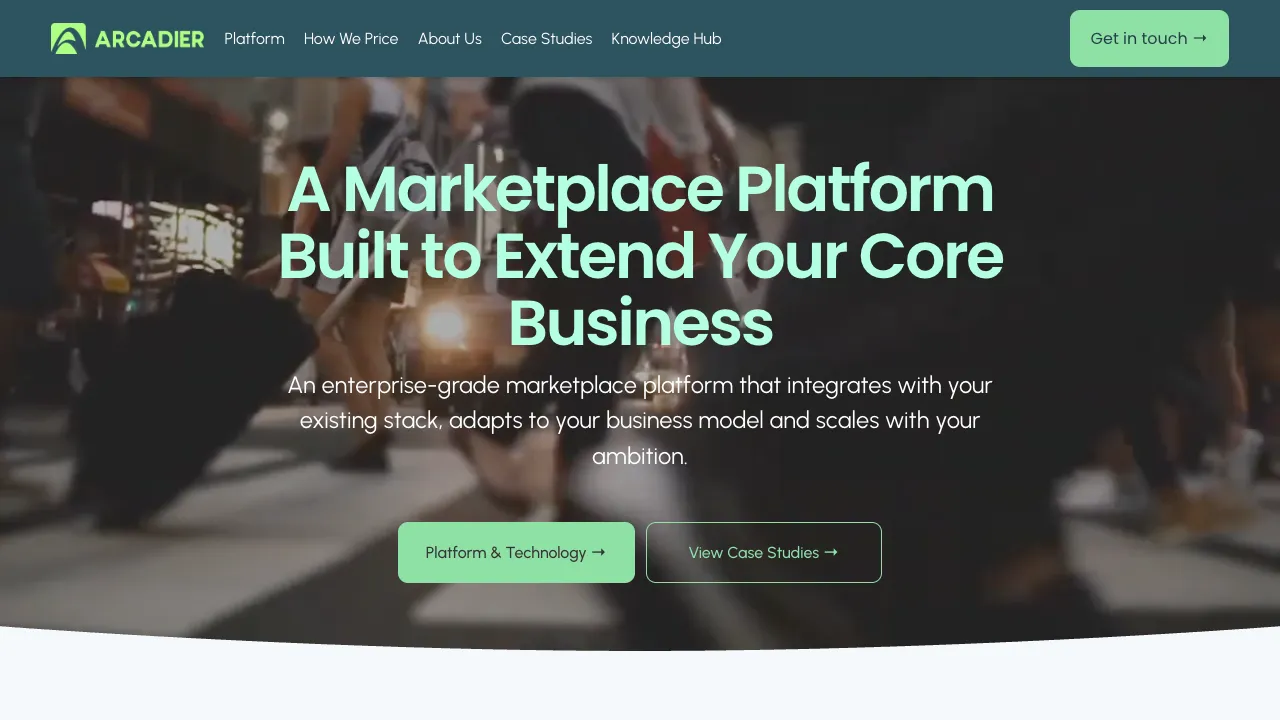 Arcadier homepage describing an enterprise marketplace platform