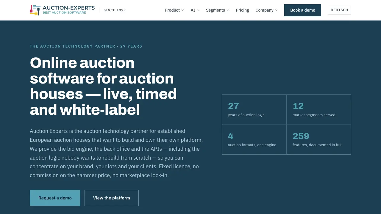 Auction Experts homepage describing online auction software for auction houses