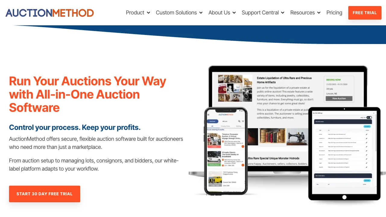 AuctionMethod homepage offering all-in-one auction software