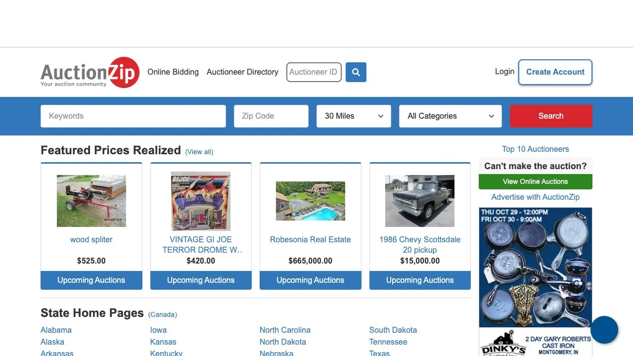 AuctionZip homepage screenshot