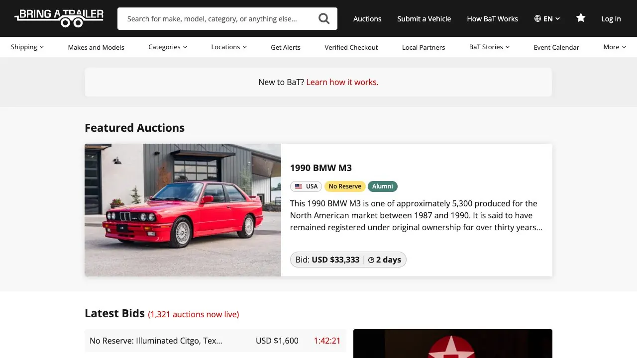 Bring a Trailer homepage screenshot
