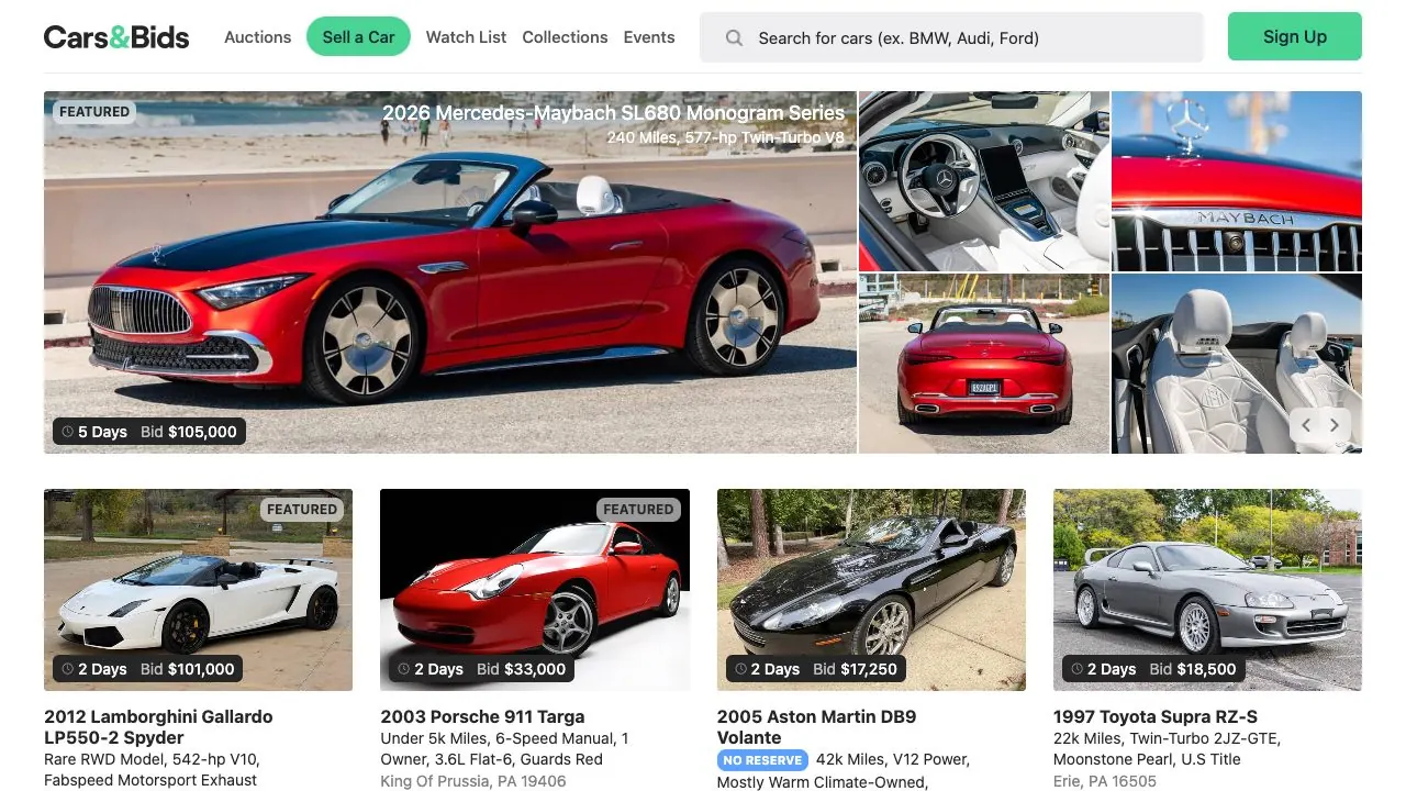 Cars & Bids homepage screenshot