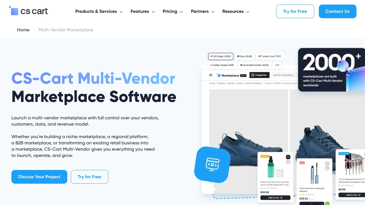 CS-Cart Multi-Vendor marketplace software homepage