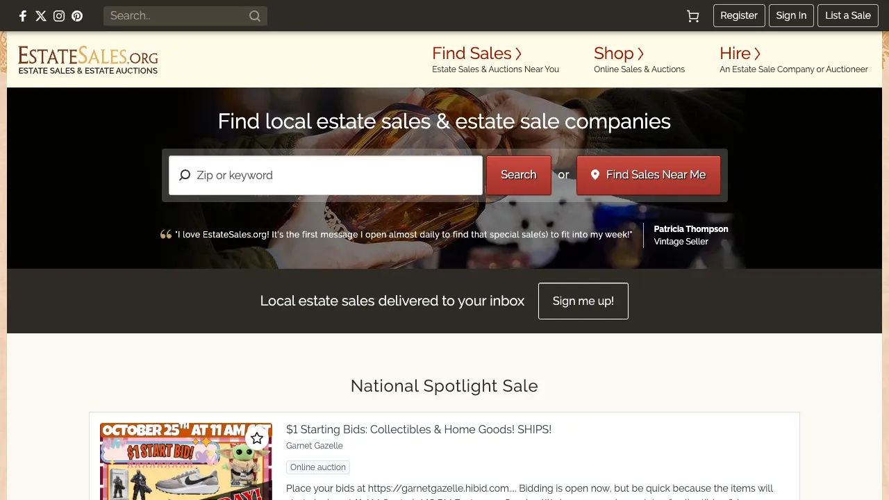 EstateSales.org homepage with search for local estate sales and estate sale companies