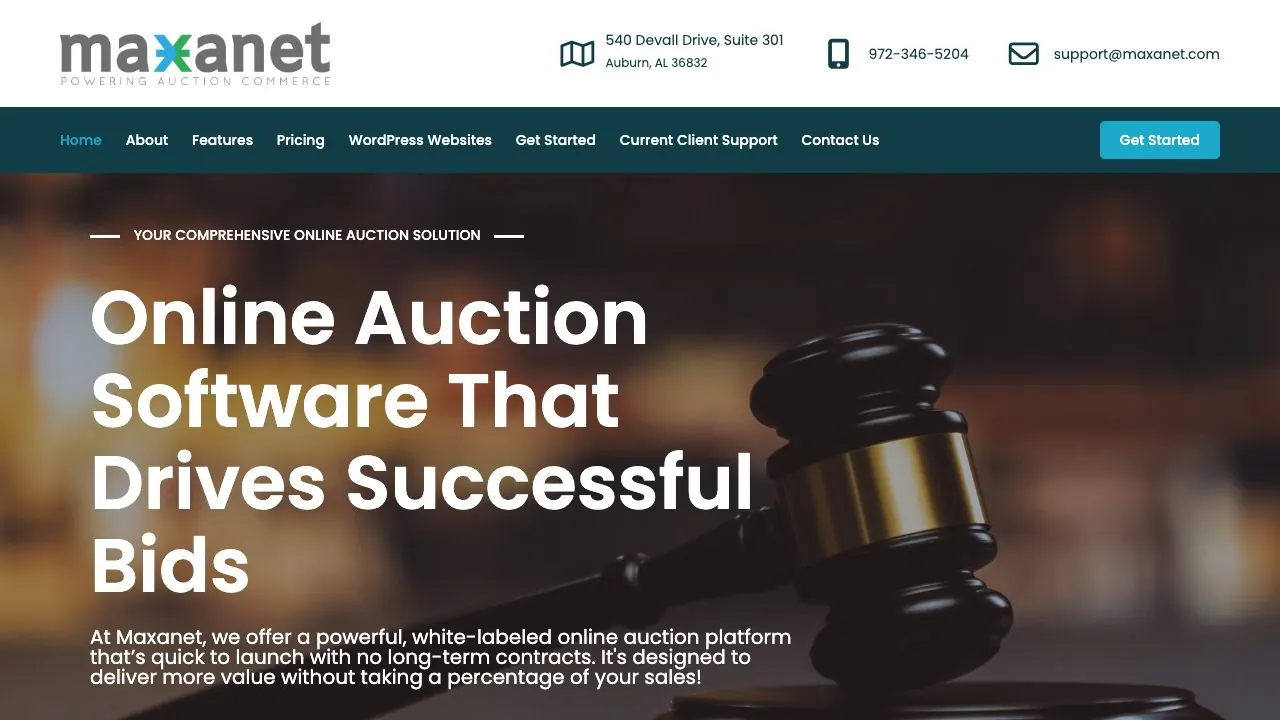 Maxanet homepage for online auction software