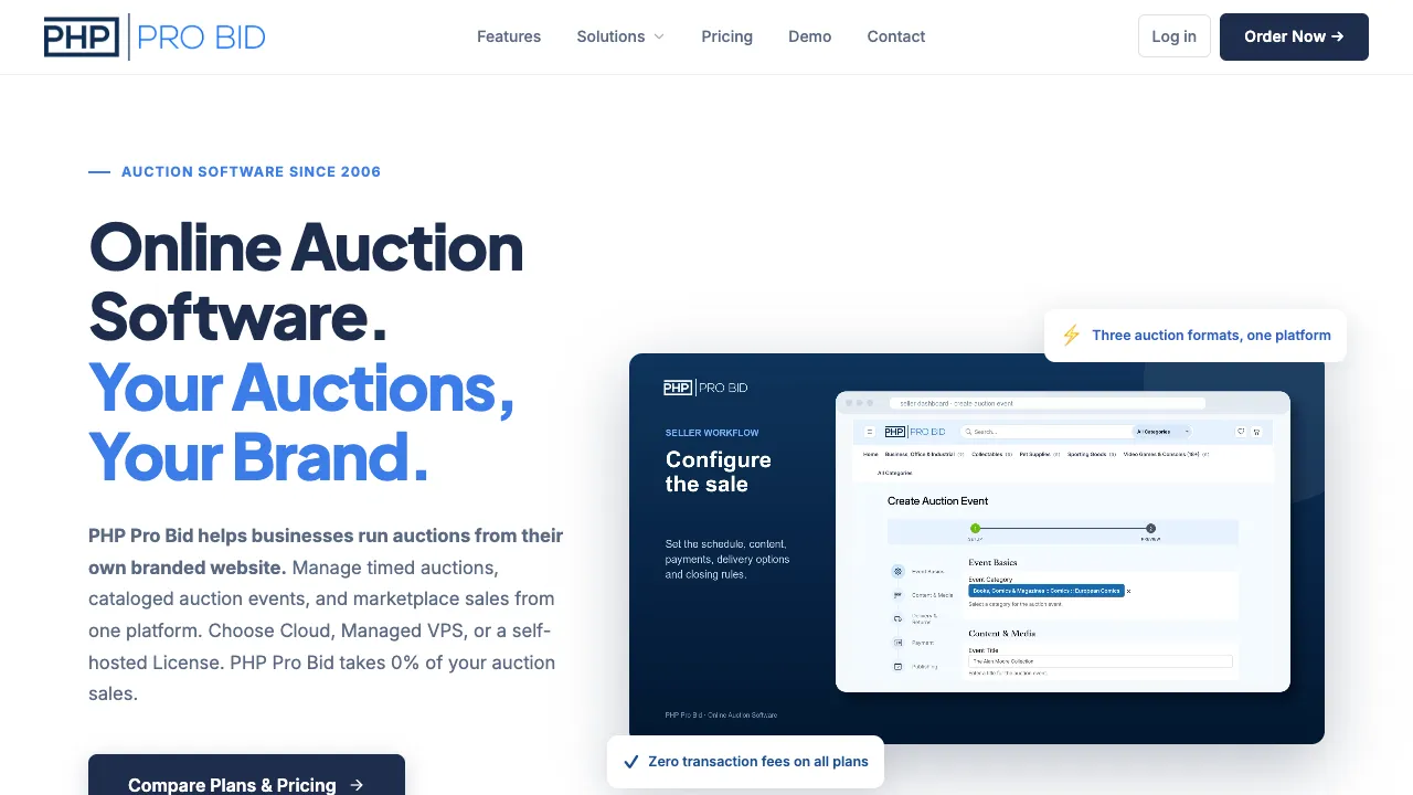 PHP Pro Bid homepage for online auction software