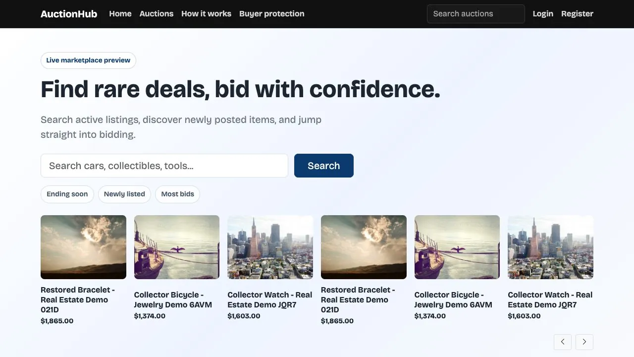 Premium Auction Software demo site showing auction listings