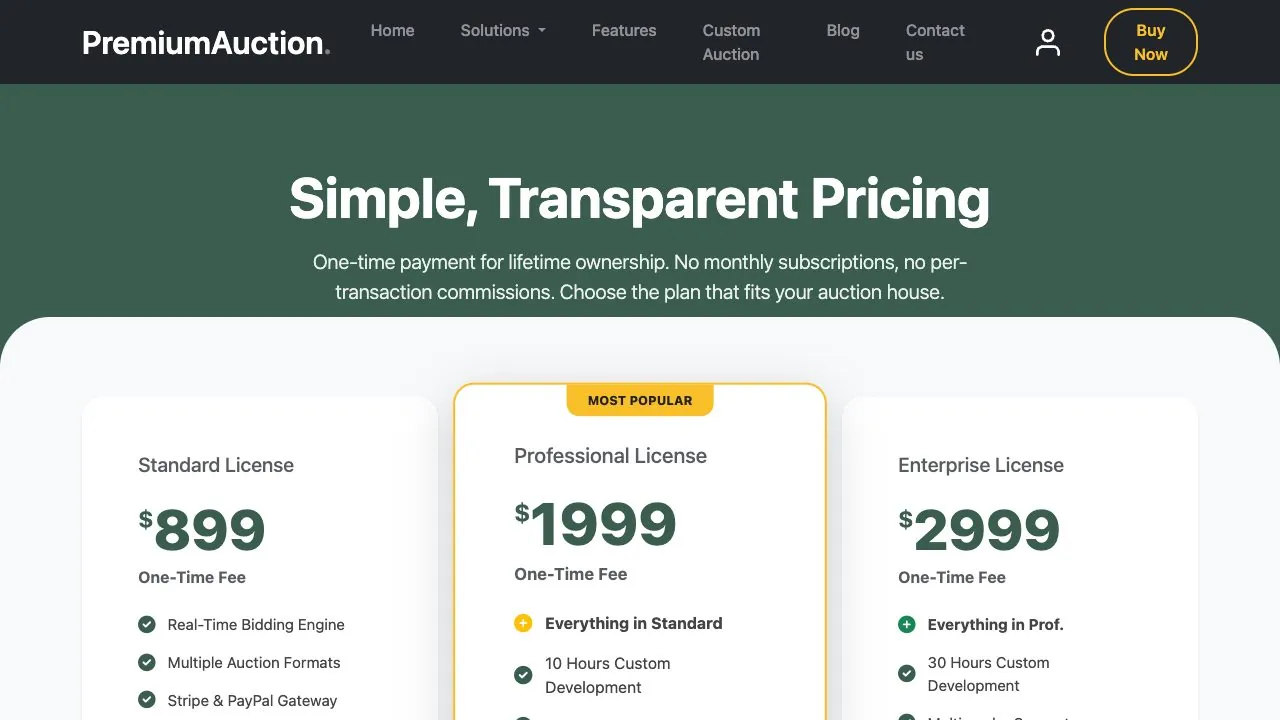 Premium Auction Software license pricing page