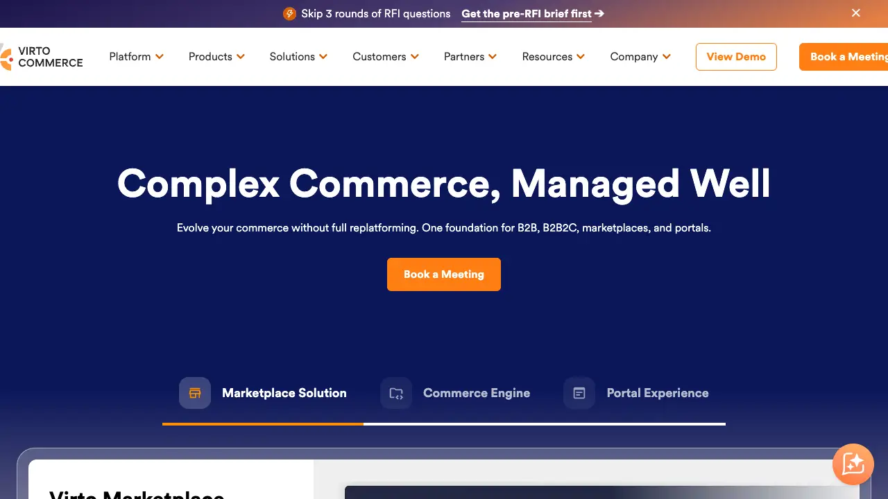 Virto Commerce homepage for B2B, marketplaces and portals